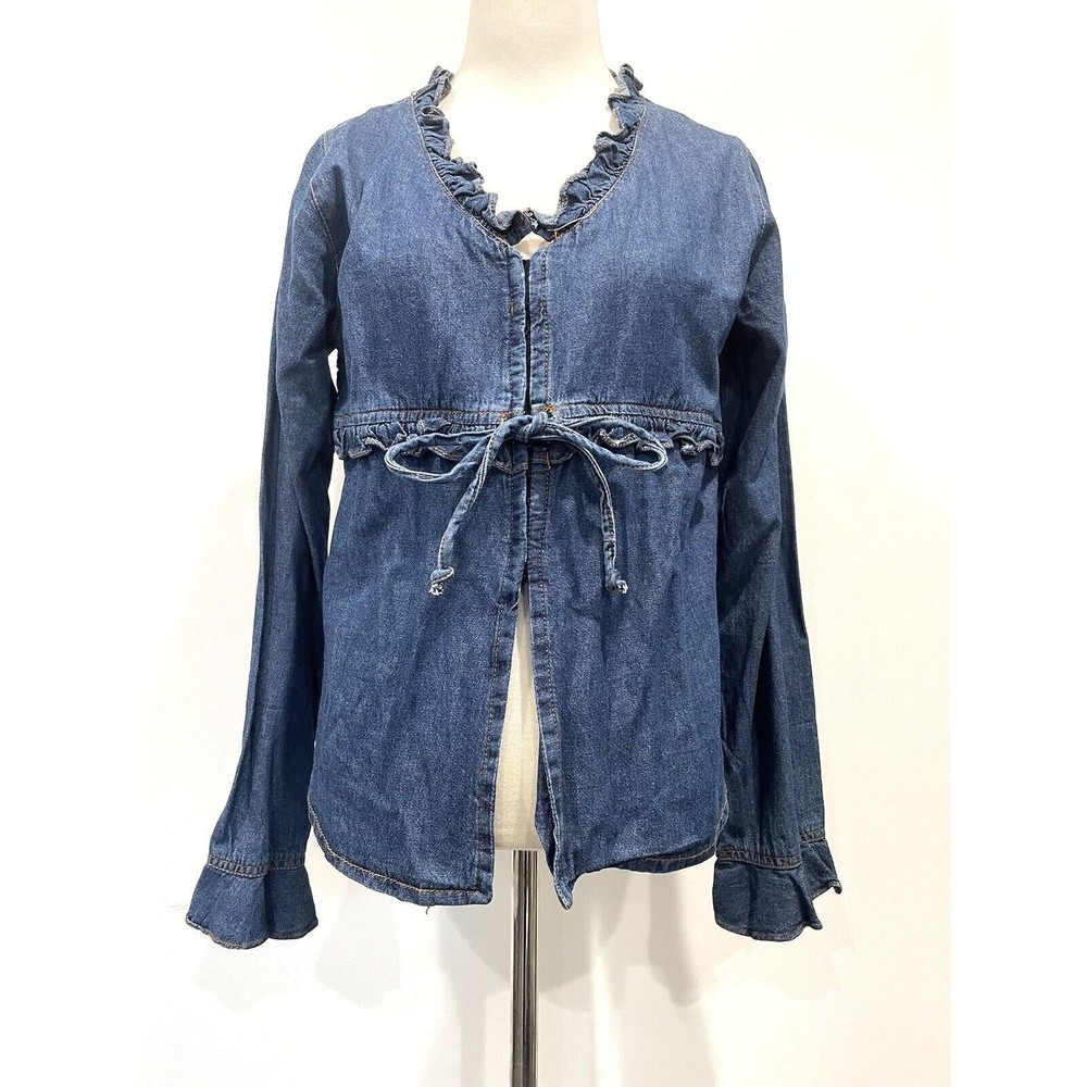 Retro y2k Women's Adjustable Tie Denim Corset Button Up Ruffle Jacket Size Med